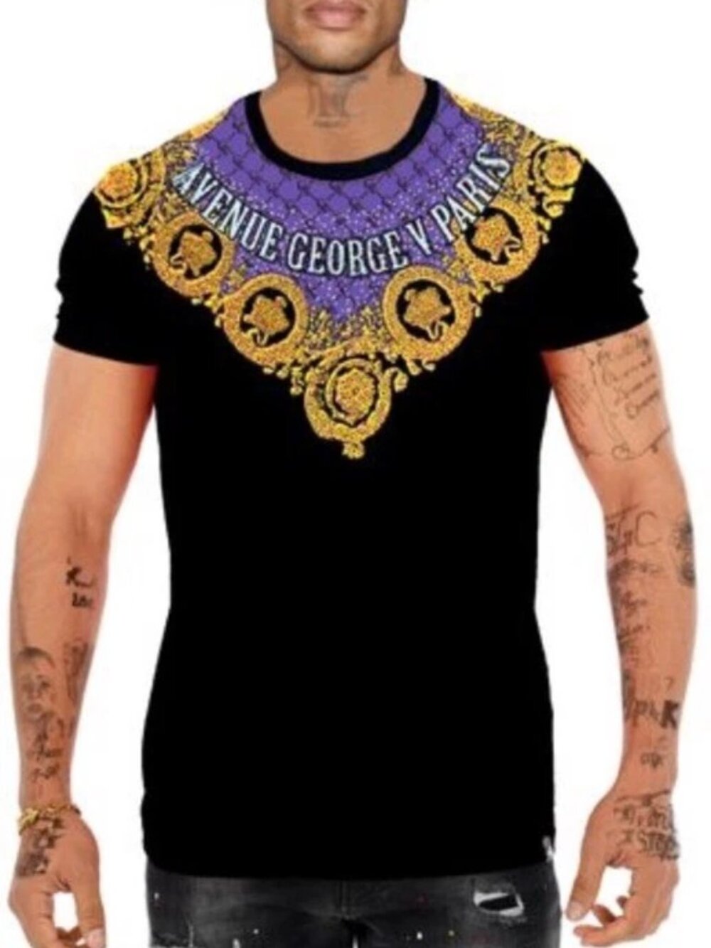 Avenue George V Paris T-Shirt rhinestone Baroque men’s Black Short Sleeve XL NWT